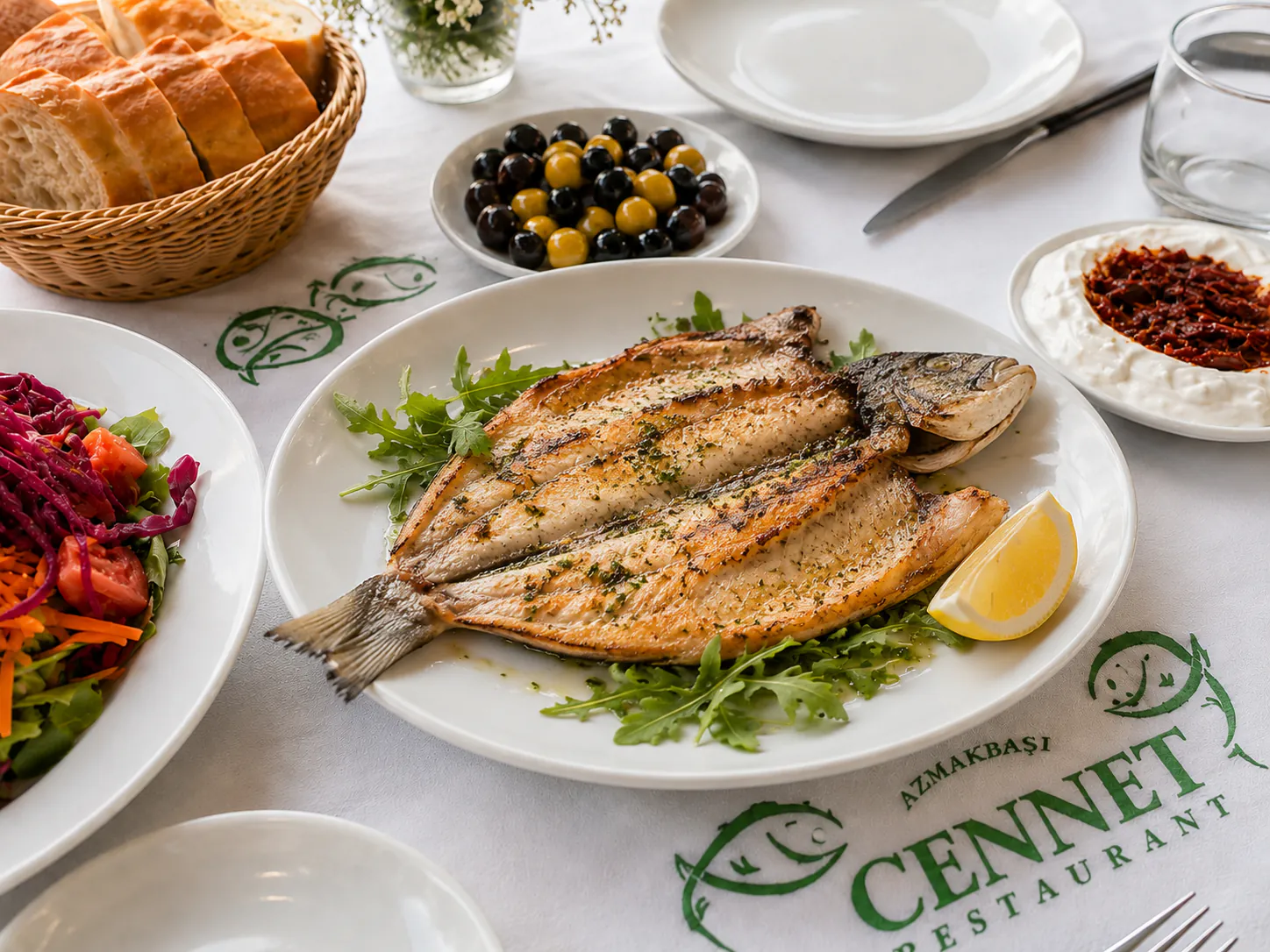 Izgara balık, roka ve limon eşliğinde
